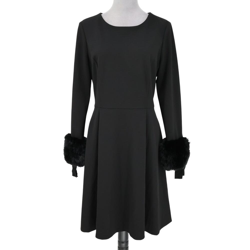 Calvin Klein Dress Womens 12 Black Fit n Flare Faux Fur Cuffs Bows Back Zip